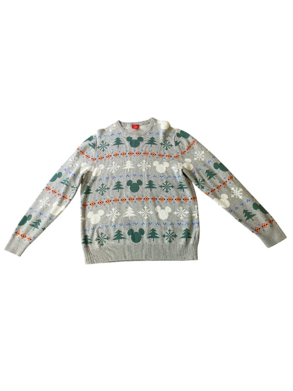 Disney Holiday Mickey Mouse Sweater Fair Isle Pattern Green & Gray Cotton Medium